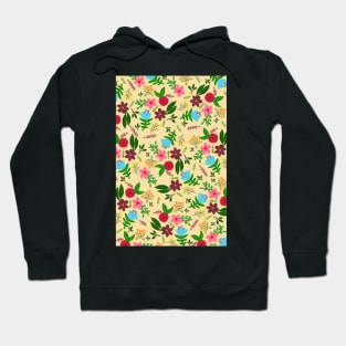 Red, pink, blue and maroon flower pattern with yellow color background Hoodie